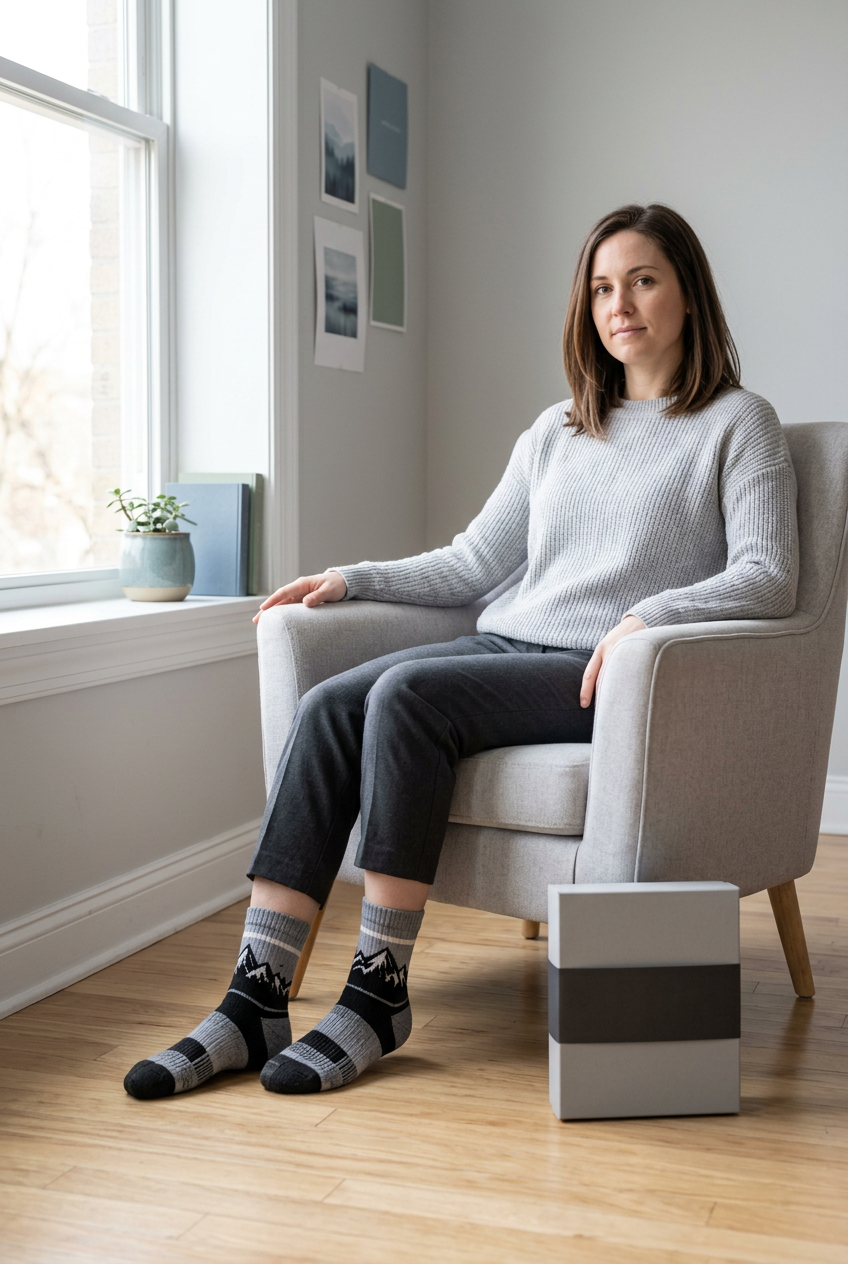 Female model wearing gray mountain socks