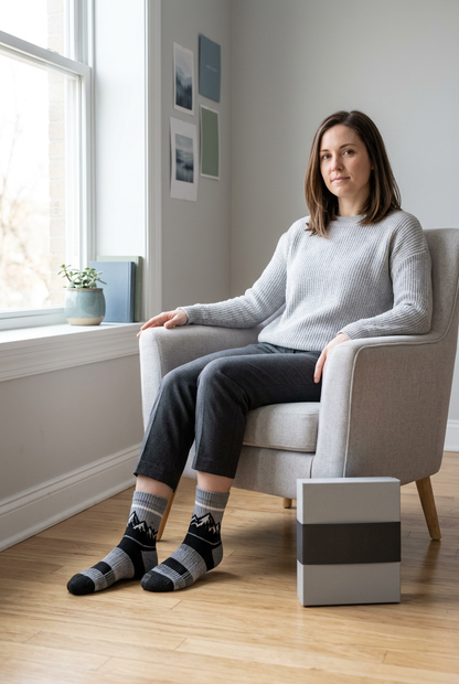 Female model wearing gray mountain socks