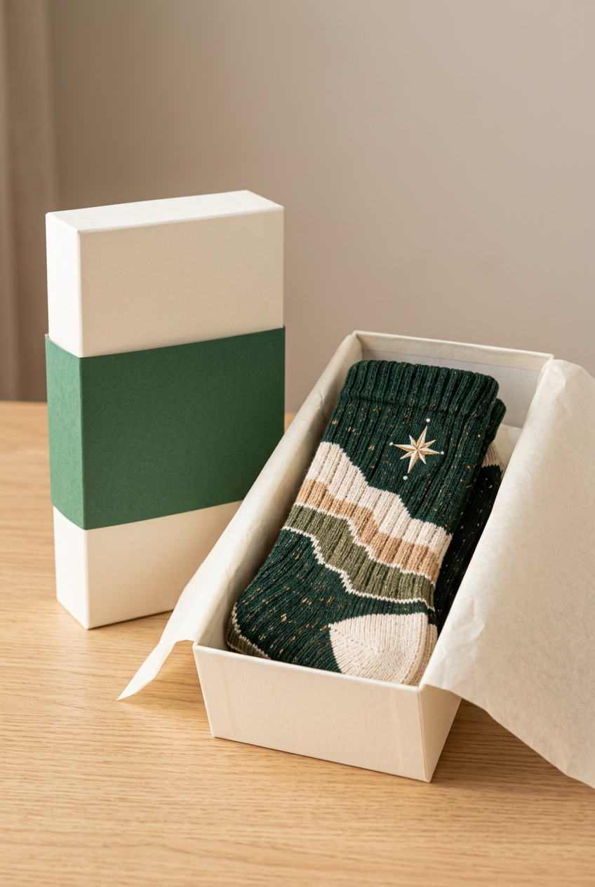 New socks in unbranded ivory box with forest green sleeve