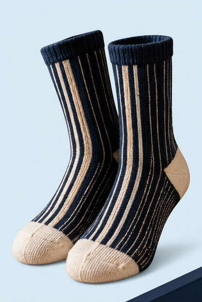 Navy rib cuff and vertical pinstripe detail