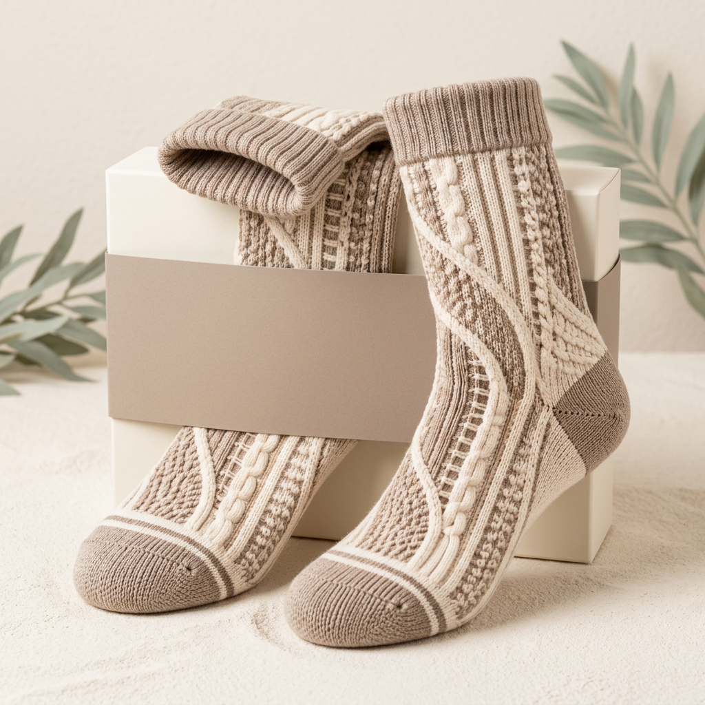 Cable socks with ivory taupe plain box