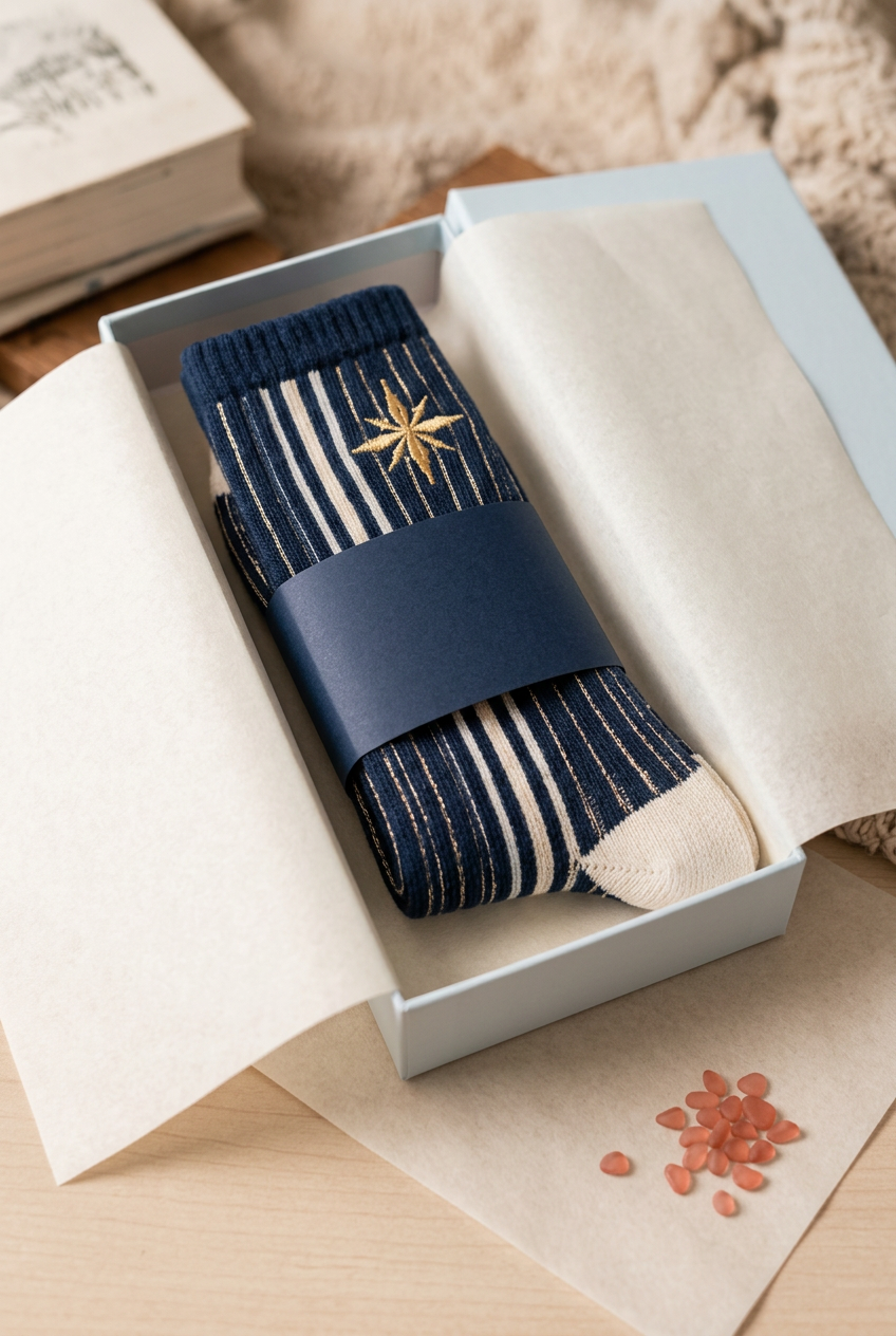 Unbranded pale blue box with navy belly band